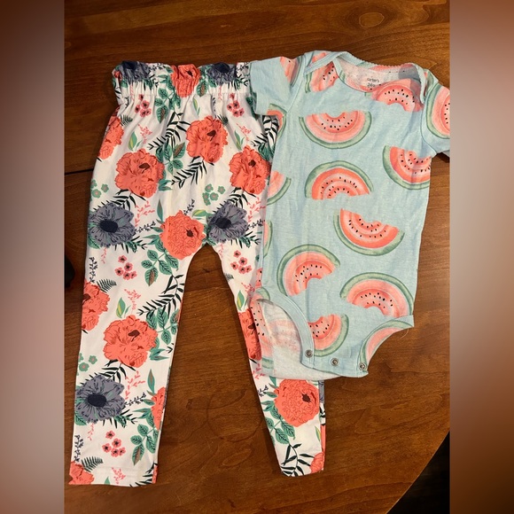 Carter’s watermelon Onesie sz 24mos w/floral cotton pants 24 mos. - Picture 2 of 5